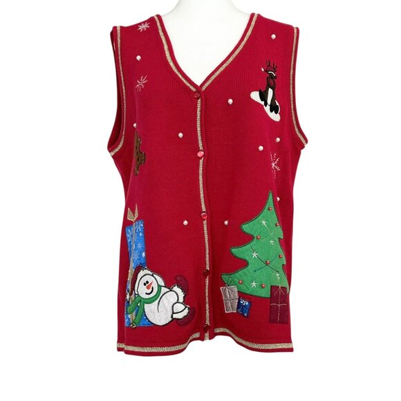 White Stag Red Christmas Applique Embroidered Beaded Sweater Vest (L) - Picture 2 of 16